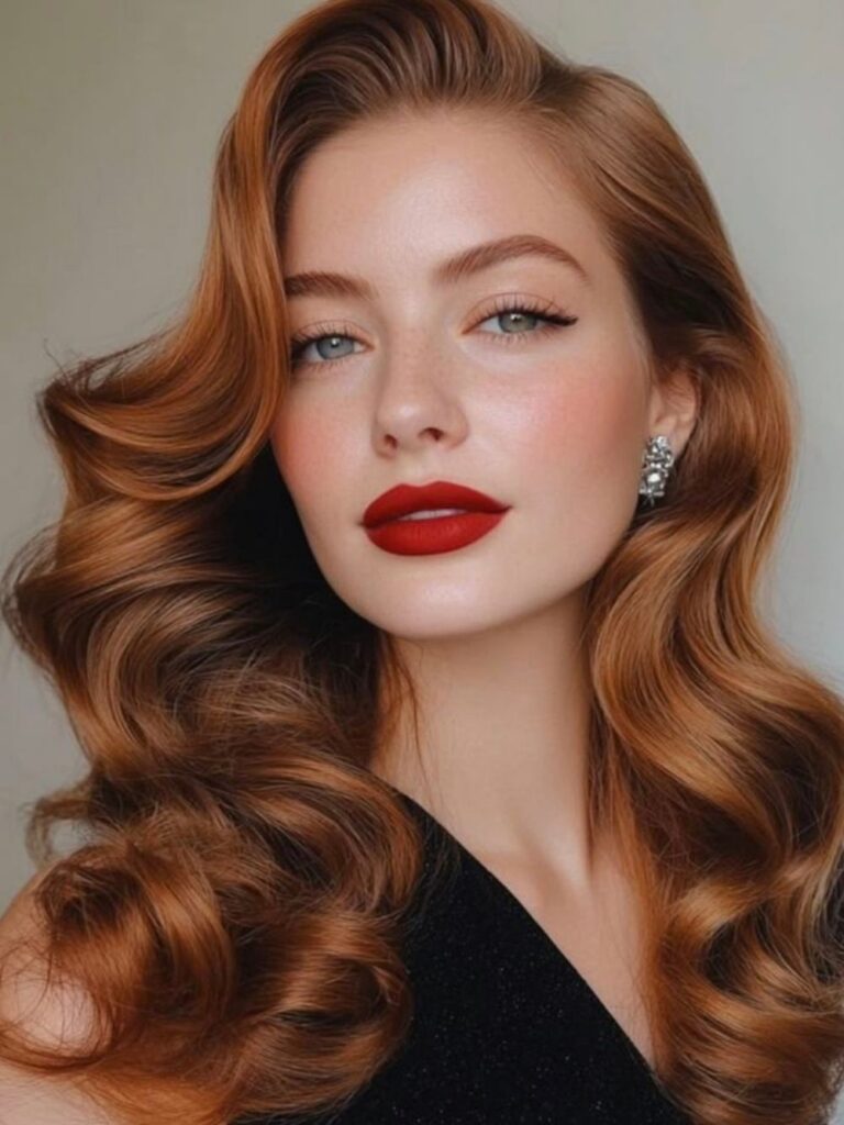 Copper-red old Hollywood waves with a deep side part swept over one shoulder