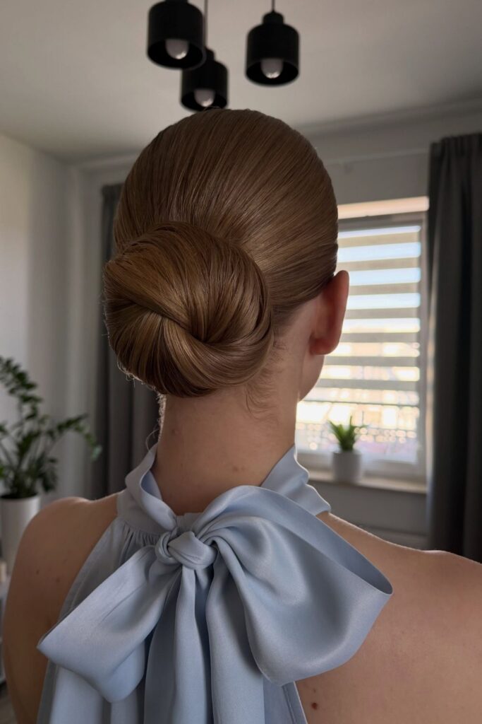 Sleek polished chignon on light brown hair with no flyaways, a hoco updo hairstyle worth trying