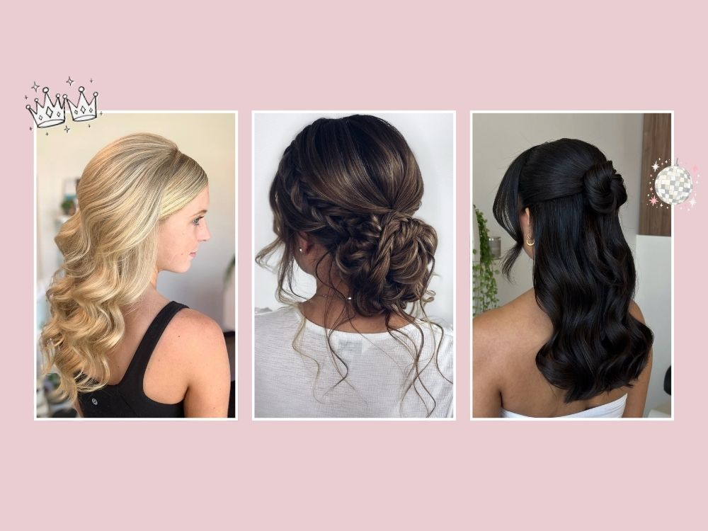 Three hoco hairstyles side by side: side-swept blonde curls, a braided low bun, and a half-up twist on dark waves