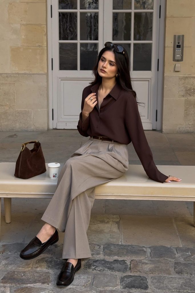 Brown blouse and wide-leg trousers outfit styled for the office, especially in fall