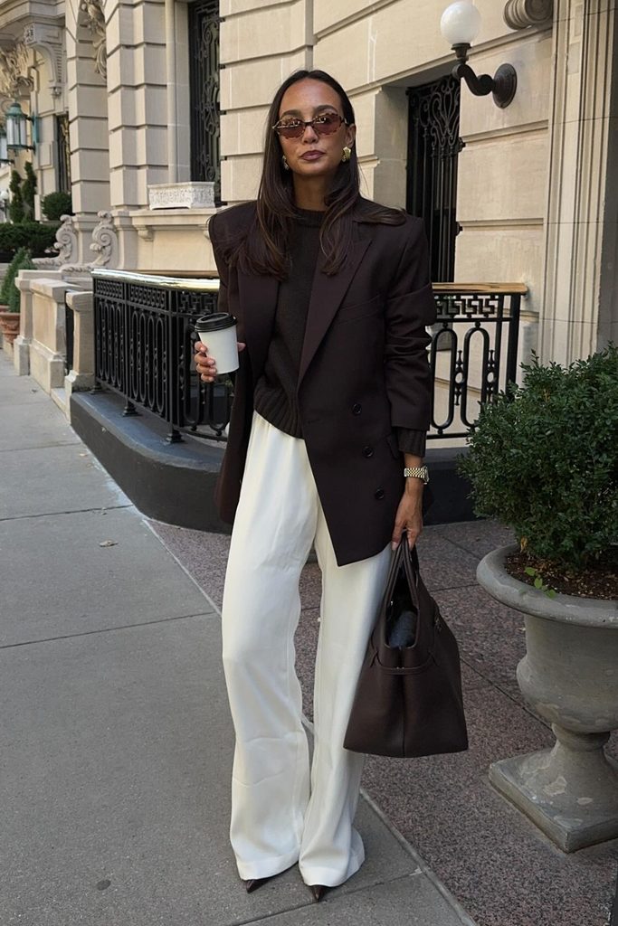 Oversized brown blazer with cream wide-leg trousers for a perfect fall work outfit