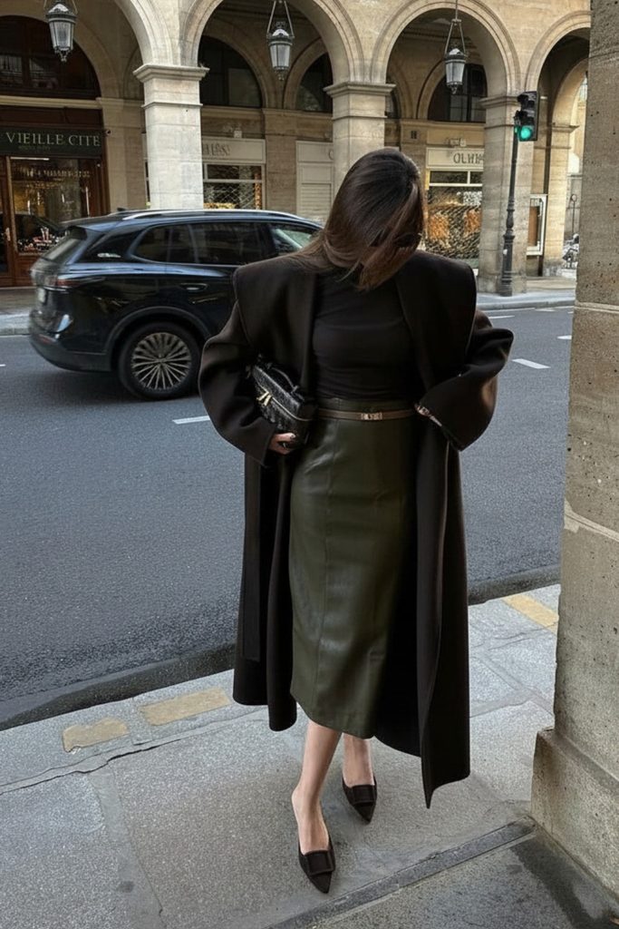 Olive leather midi skirt with a long dark wool coat, a fall skirt outfits idea