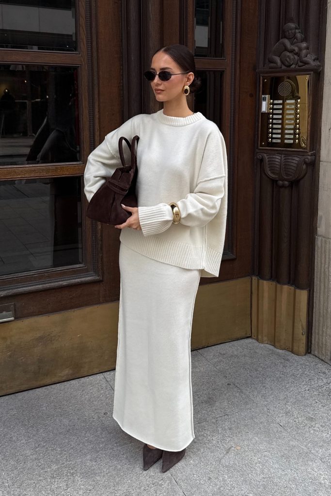 Cream knit sweater and matching maxi skirt set, an autumn outfit inspo idea