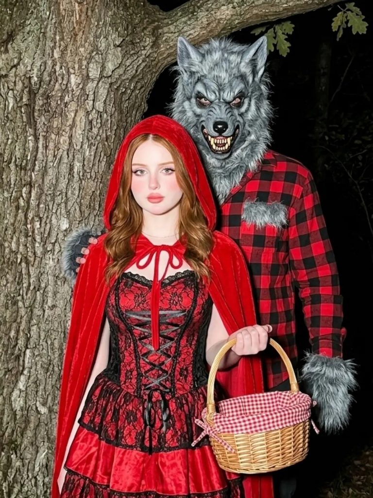 Couple dressed as Little Red Riding Hood and the Big Bad Wolf.