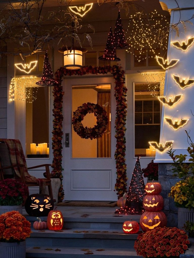 Porch decorated with lighted bat silhouettes and witch hat topiaries
