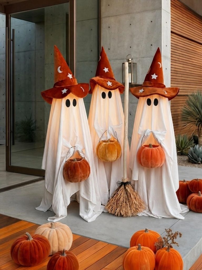 Modern facade decorated with velvet ghost figures and pumpkins