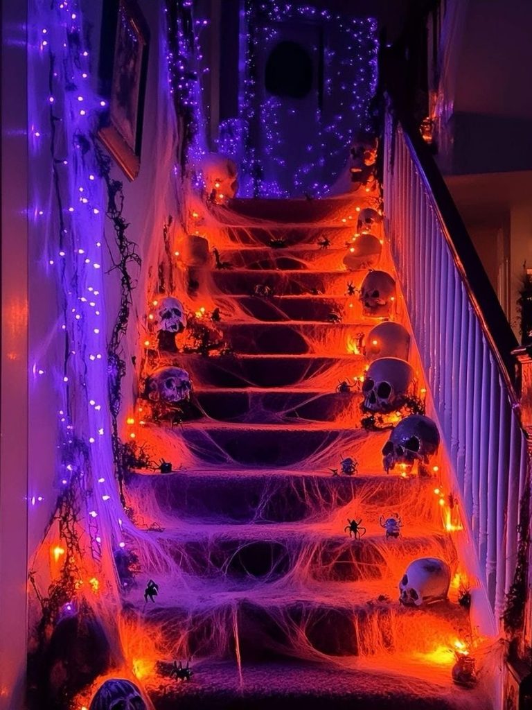 Staircase decorated with skulls, cobwebs, and purple and orange lighting