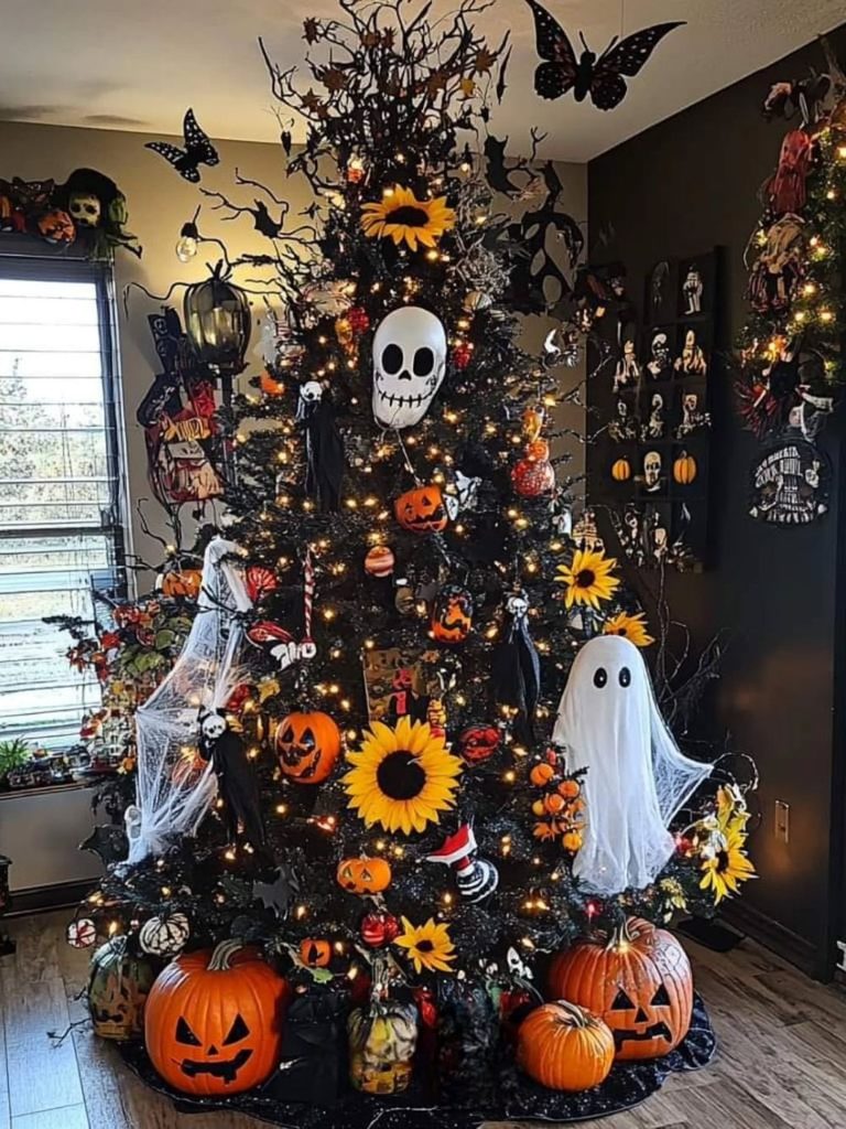 Halloween tree decorated with pumpkins, ghosts, and sunflowers