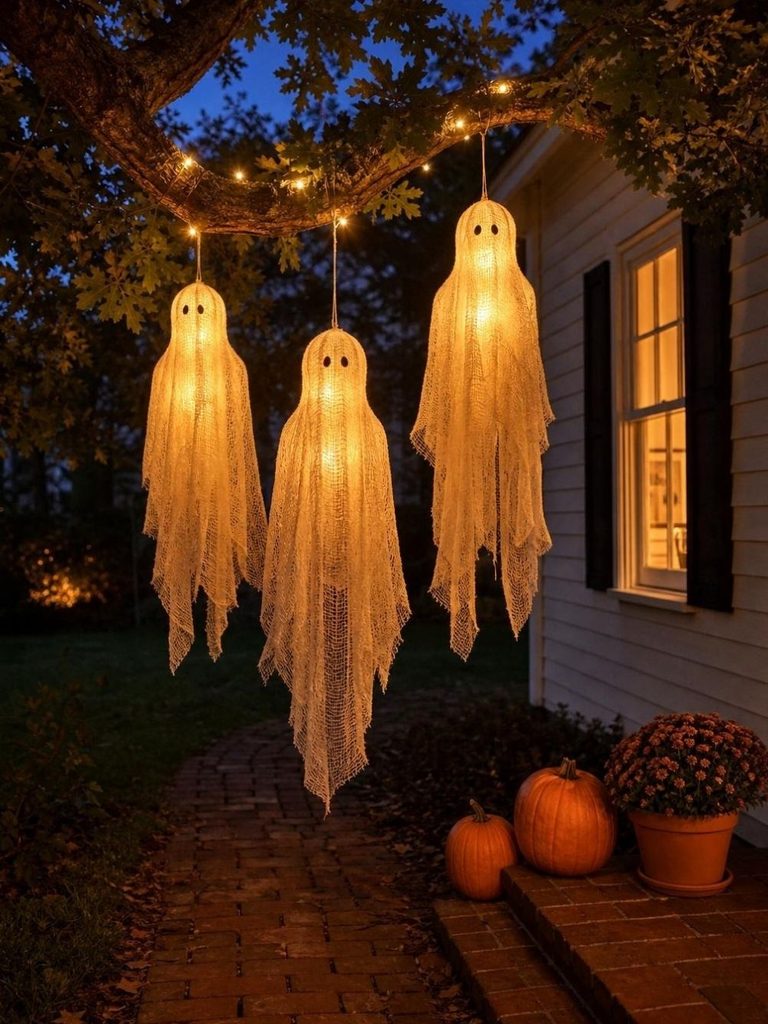 Outdoor Halloween decorations with glowing cheesecloth ghosts hanging over a walkway