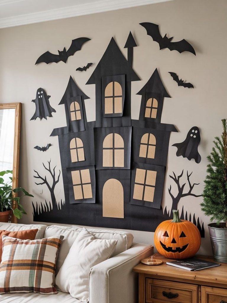 Easy Halloween decorations with a paper haunted house silhouette on a wall