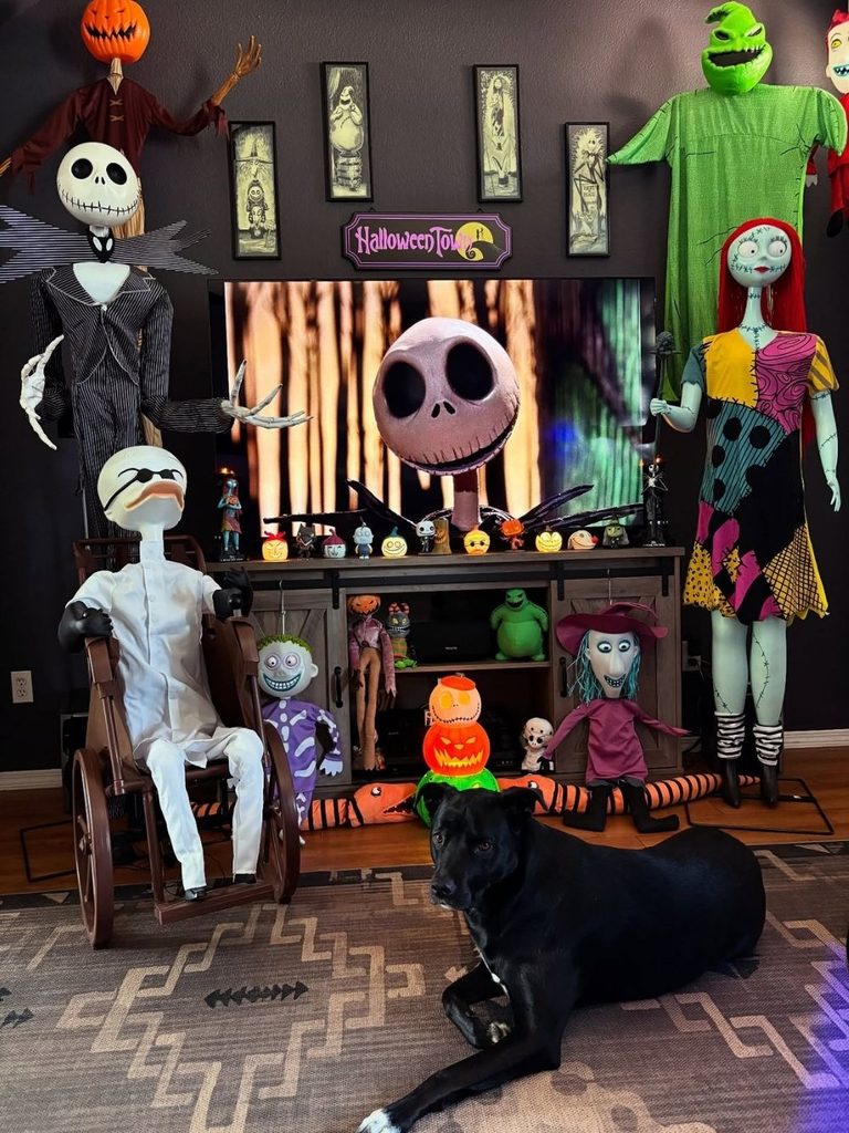 Wall displaying a collection of spooky stop-motion movie characters