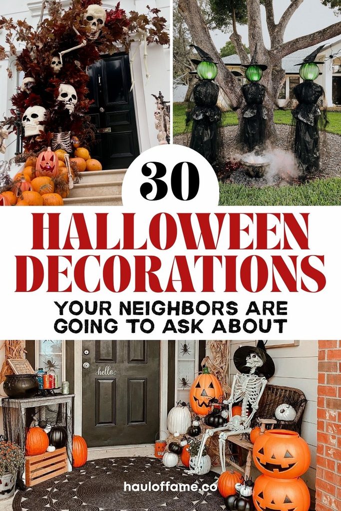 Collage of Halloween decorations featuring ghost figures, skeletons, pumpkins, witches, and a decorated front porch