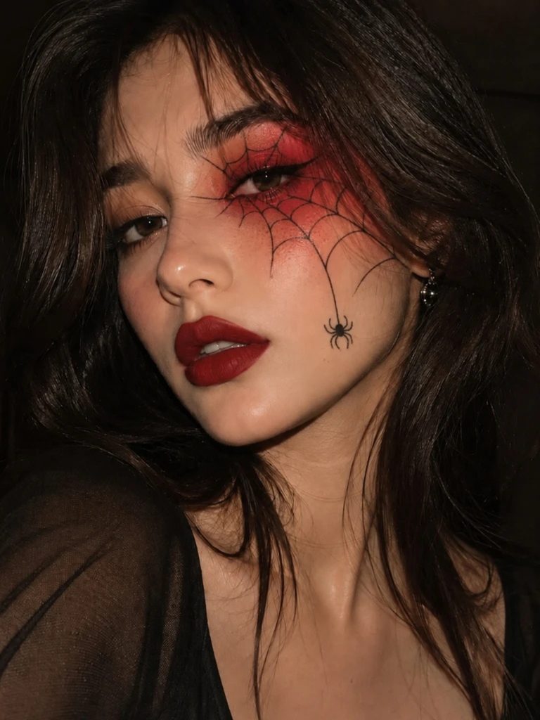 Red eyeshadow with a delicate spiderweb design across the eyelid and a tiny spider trailing down the cheek.