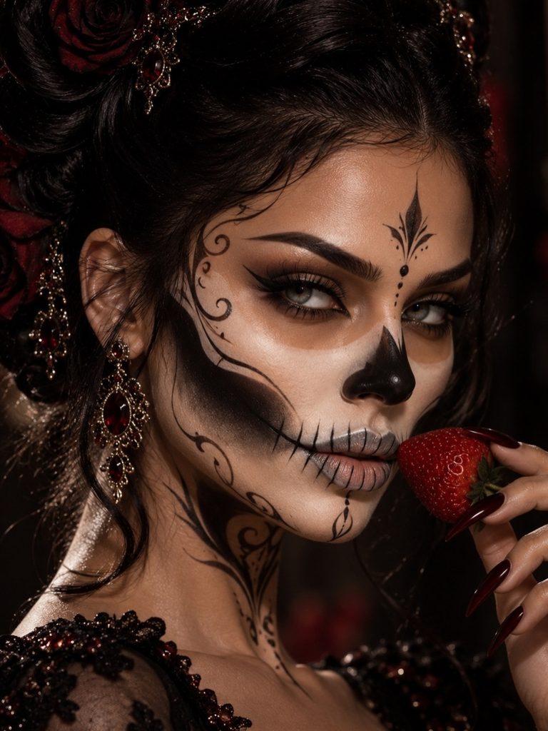 Intricate black linework, shaded cheekbones, and a dark painted nose create an elegant sugar skull makeup look.