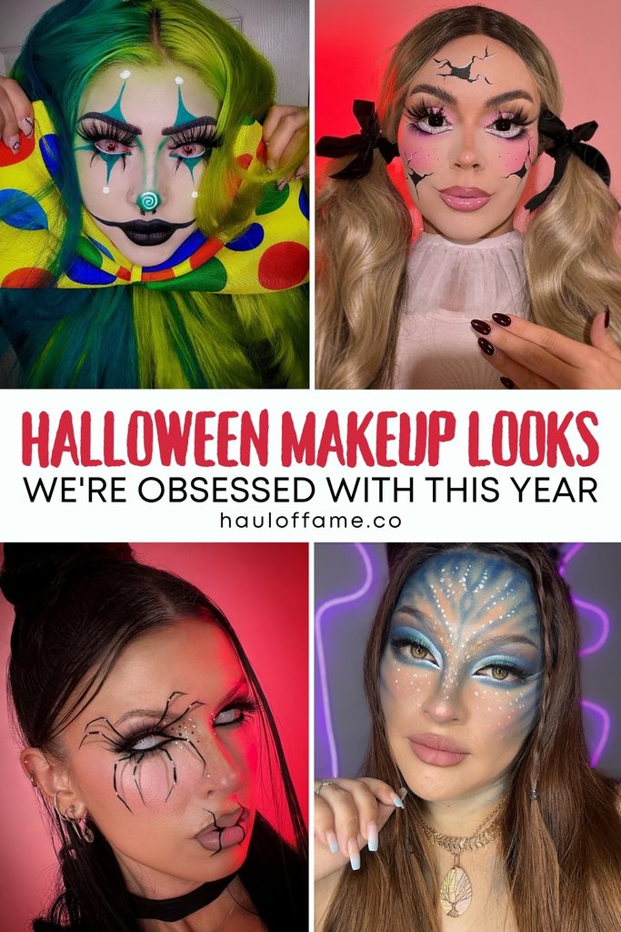 Four-panel Halloween makeup inspiration collage featuring neon green clown makeup, cracked porcelain doll makeup, and creepy spiderweb and avatar-inspired makeup. Find Halloween makeup ideas, scary and cute Halloween looks, and bold Halloween face paint inspiration for your next costume.