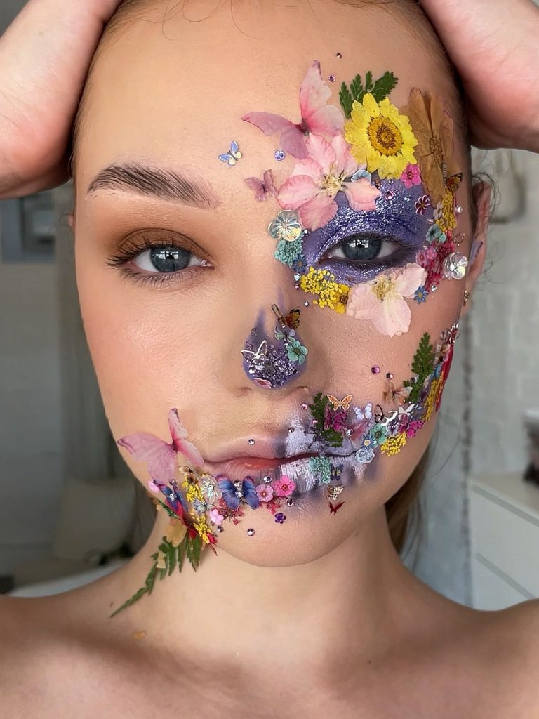 Real pressed flowers and butterflies applied around the face, paired with lilac eyeshadow, create a dreamy fairy makeup look.