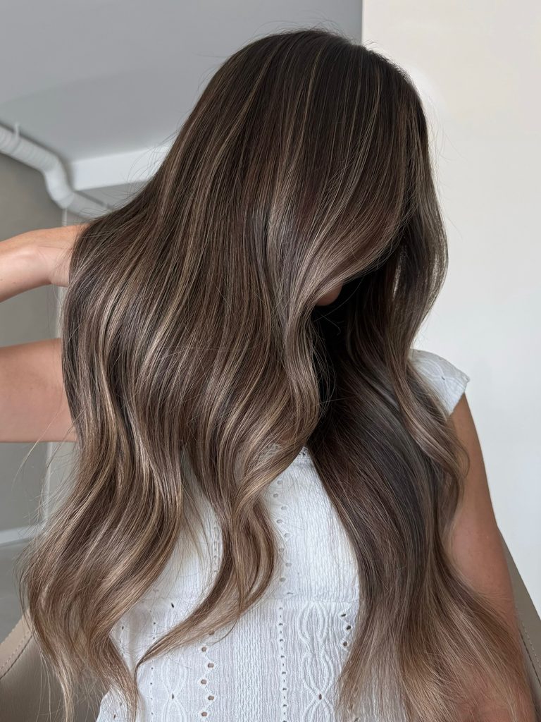 Long, cool-toned ashy brunette gloss hair styled in loose curls, an elegant fall brunette hair color.