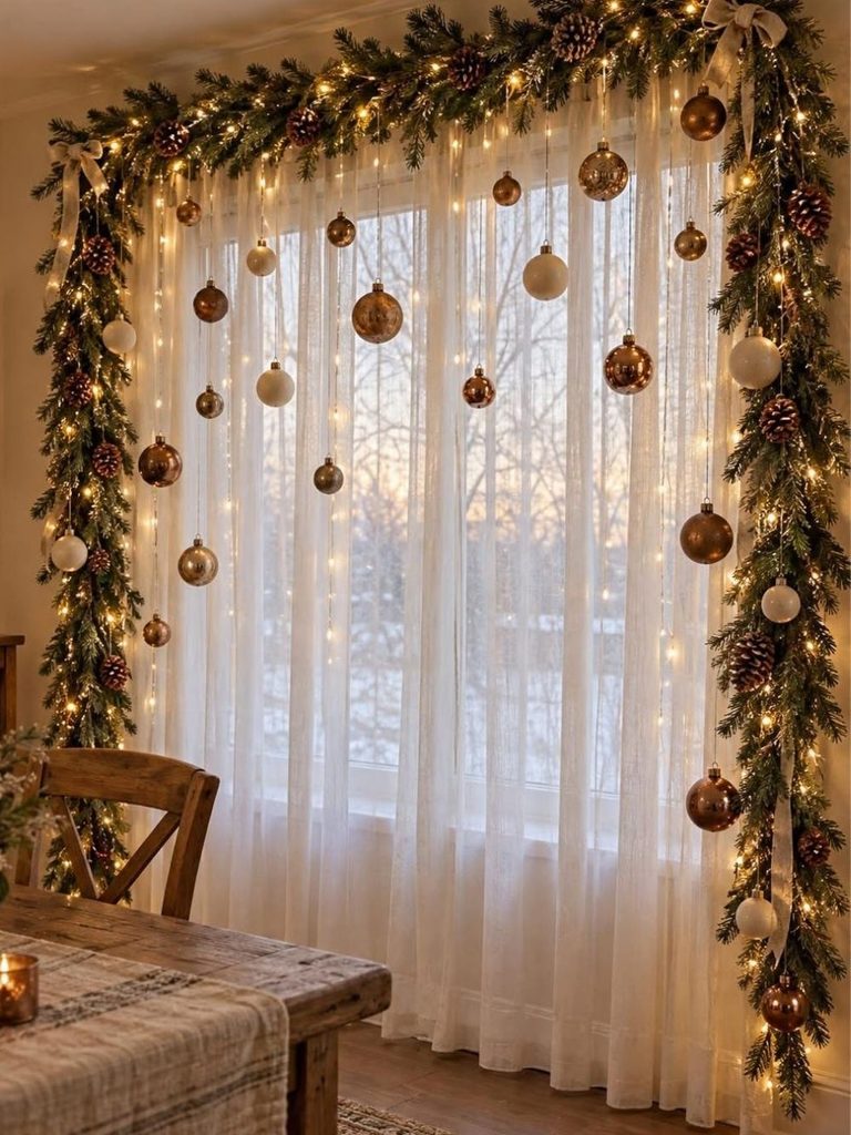Window framed with lit garland and hanging copper ornaments over sheer white curtains