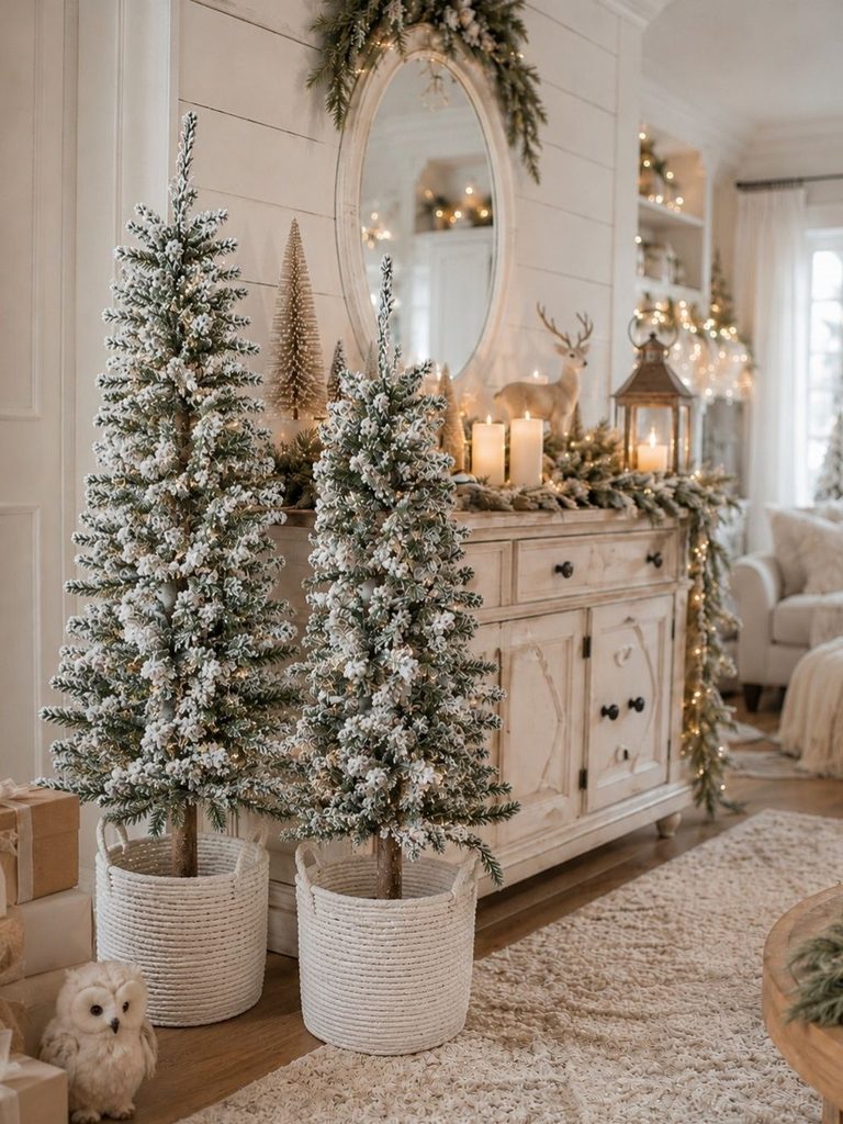 Two flocked mini Christmas trees in woven baskets on a white console with a round mirror, lantern, and candles