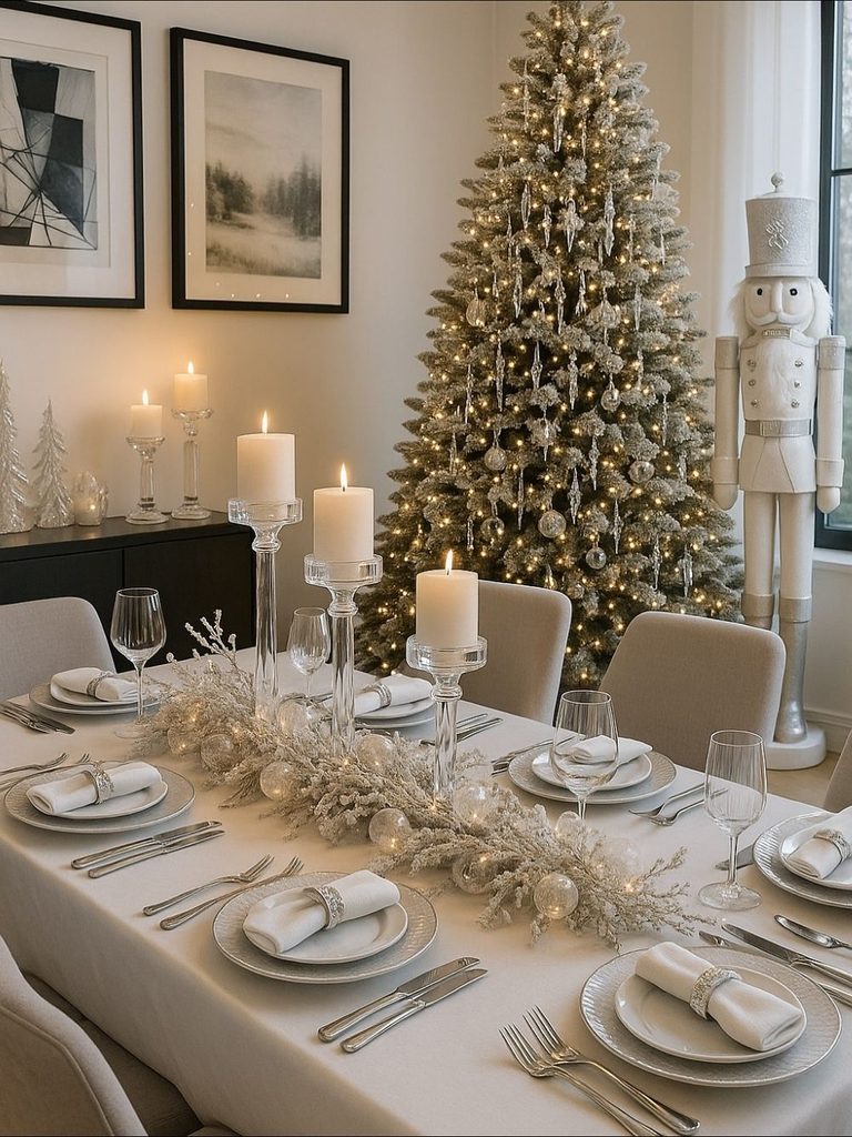 White and gold Christmas dining table with taper candles, gold garland, a white nutcracker, and a tree