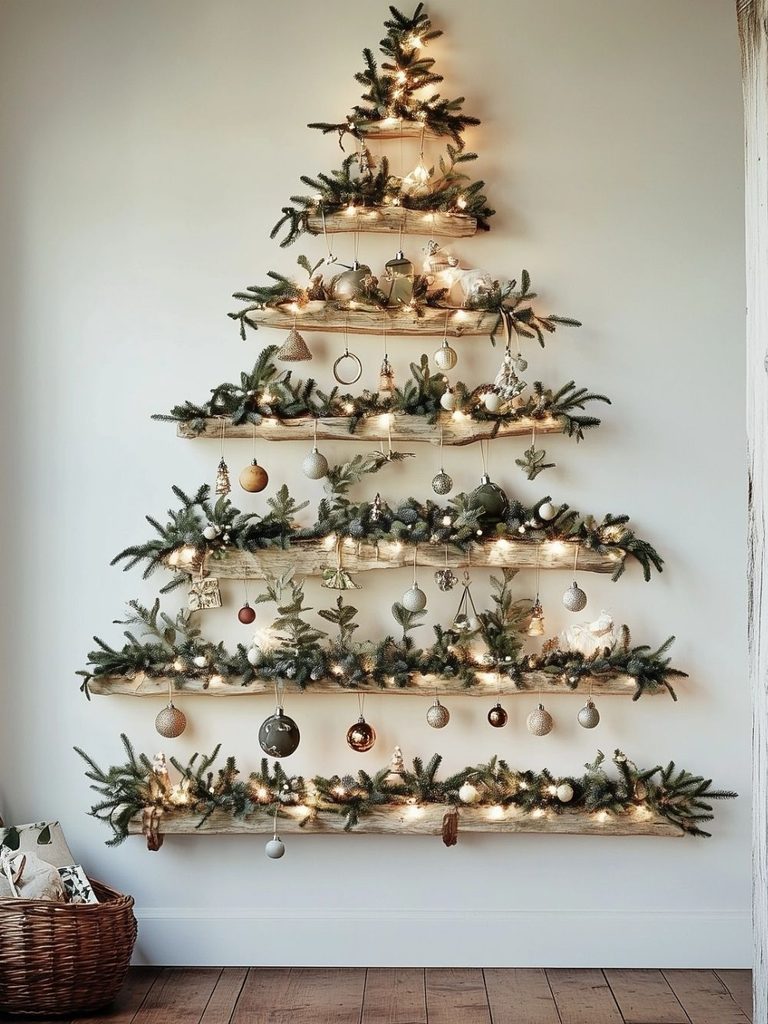 Wall-mounted Christmas tree made from floating shelves with greenery, lights, and ornaments