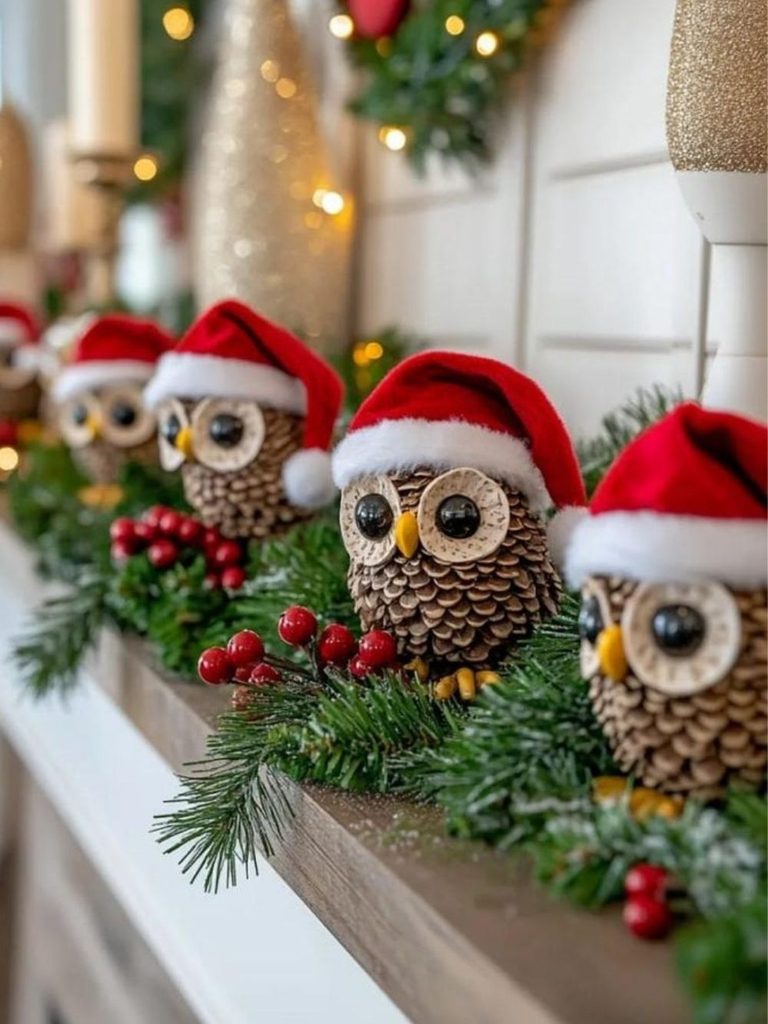 Row of small owl figurines wearing red Santa hats nestled in pine garland with red berries along a white ledge