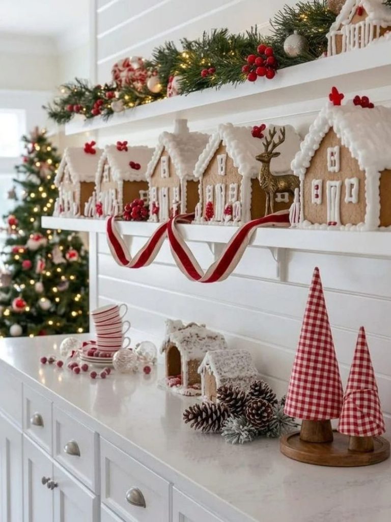 Floating shelf lined with gingerbread houses and red ribbon above white kitchen cabinets with gingham trees