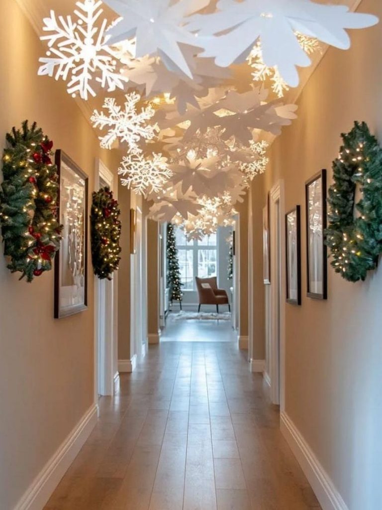 Hallway ceiling covered in white paper snowflakes with wreaths hung on the walls