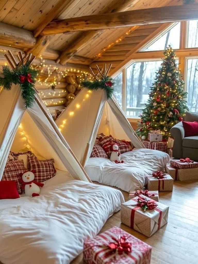 Loft with teepee tents strung with lights, beds, and wrapped gifts beside a Christmas tree