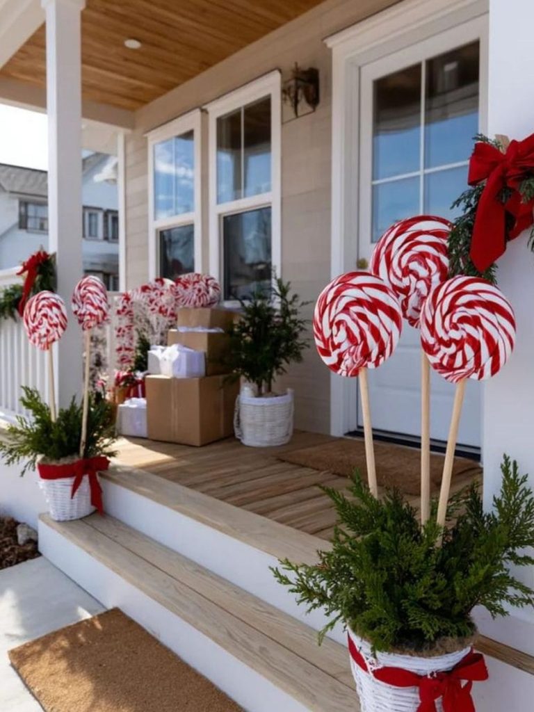 Simple Christmas porch decor with oversized peppermint lollipops, potted evergreens, and red bows