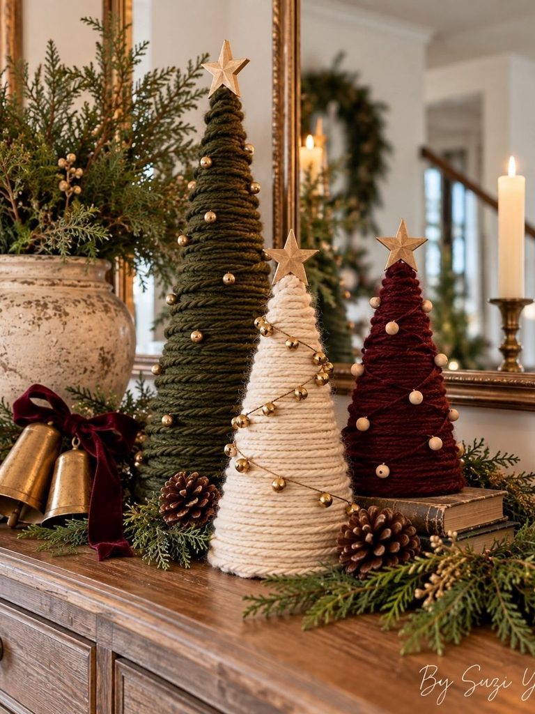 Console styled with yarn cone Christmas trees in cream, olive, and burgundy beside brass bells and pinecones