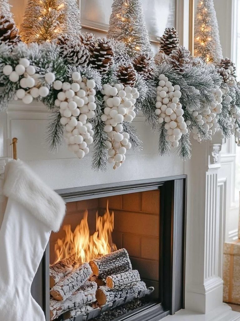 White Christmas decor on a fireplace mantel with frosted berry garland, pinecones, and a white stocking