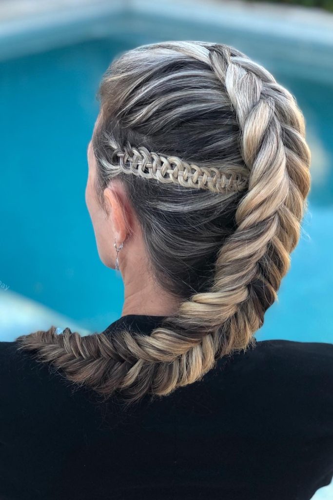 Dutch fishtail braid with a small accent braid along the side of the head