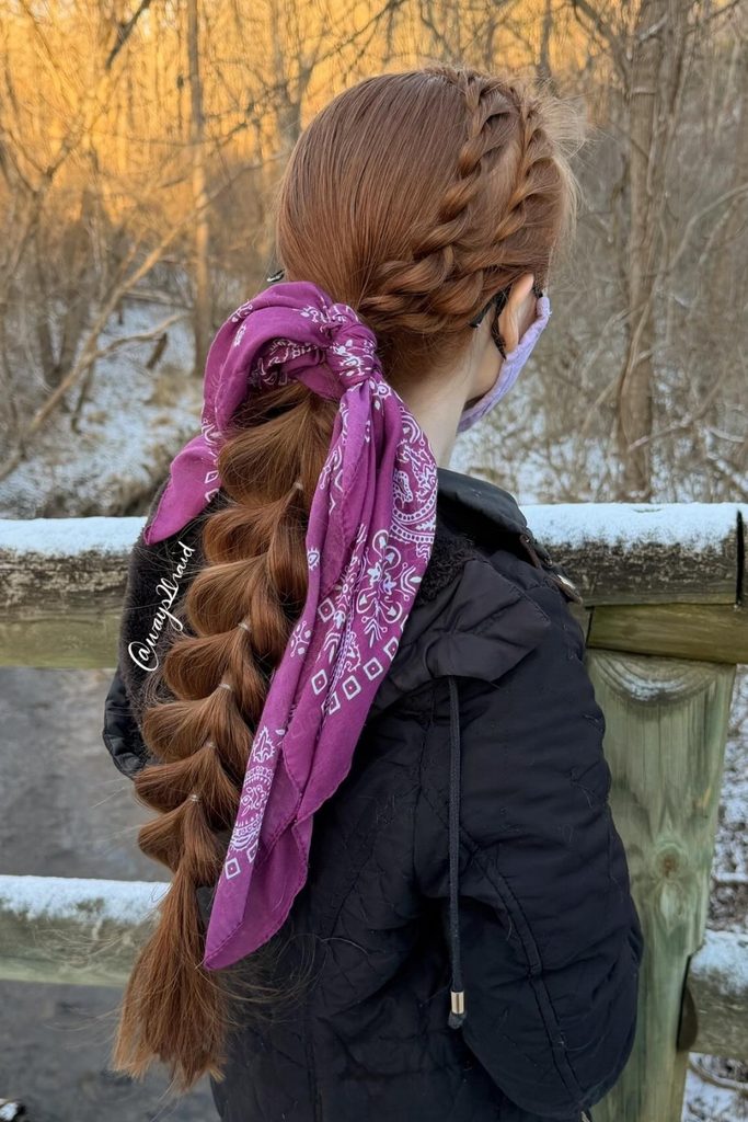 Twisted rope braid headband leading into a big pull-through braid with a purple bandana