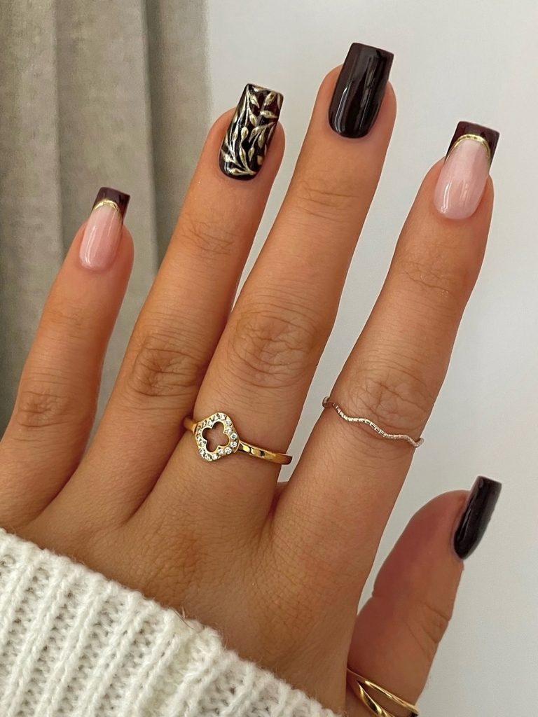 Chocolate brown French tip short square nails