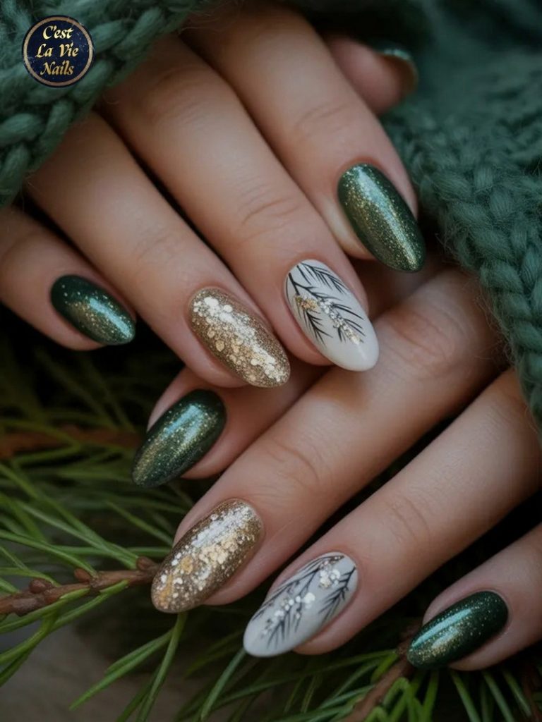 Forest green winter nail colors with gold glitter