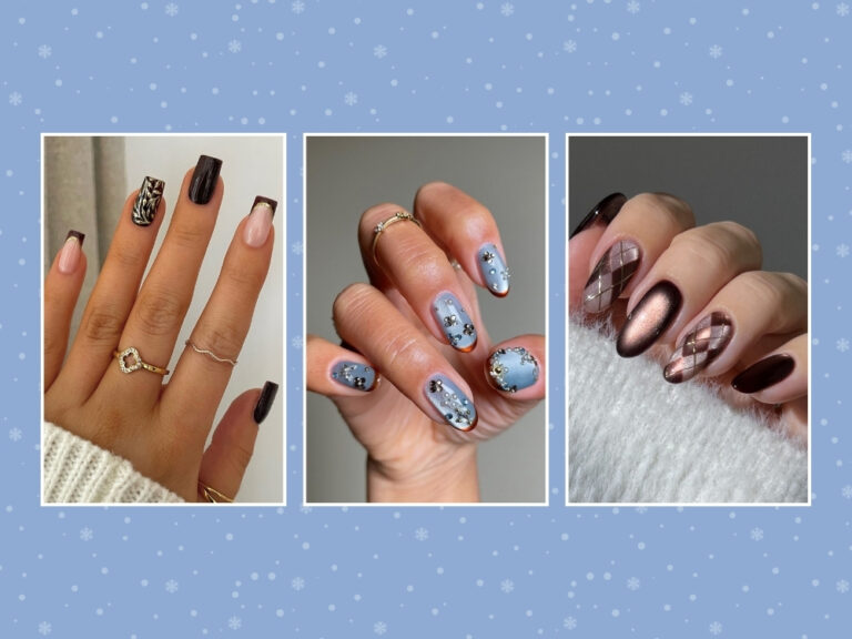 Winter nails collage: chocolate French tips with gold leaf art, smoky blue cat-eye crystals and chocolate argyle cat-eye