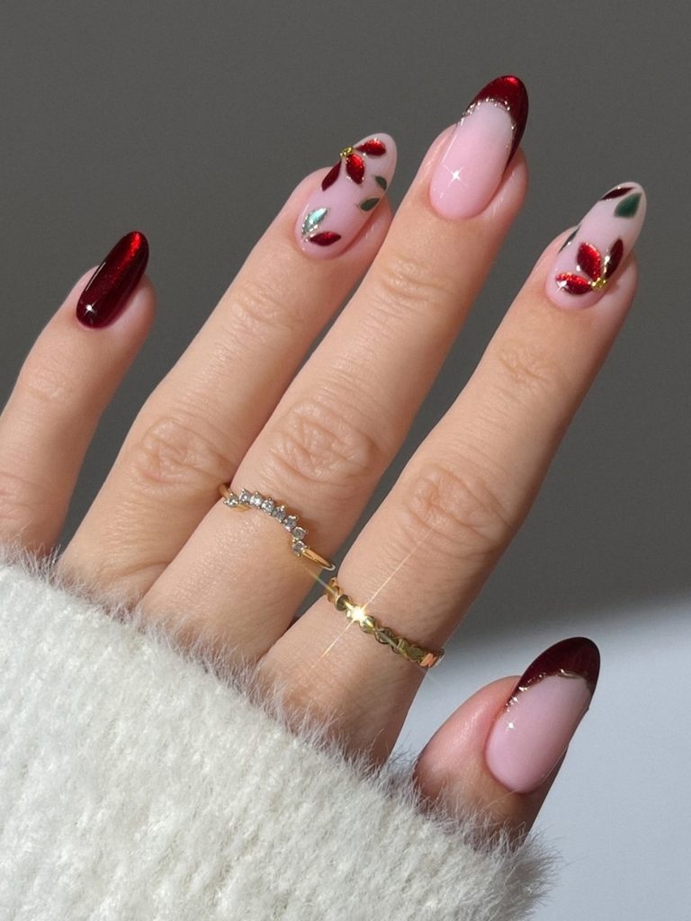 Burgundy French tip nails with tiny festive florals