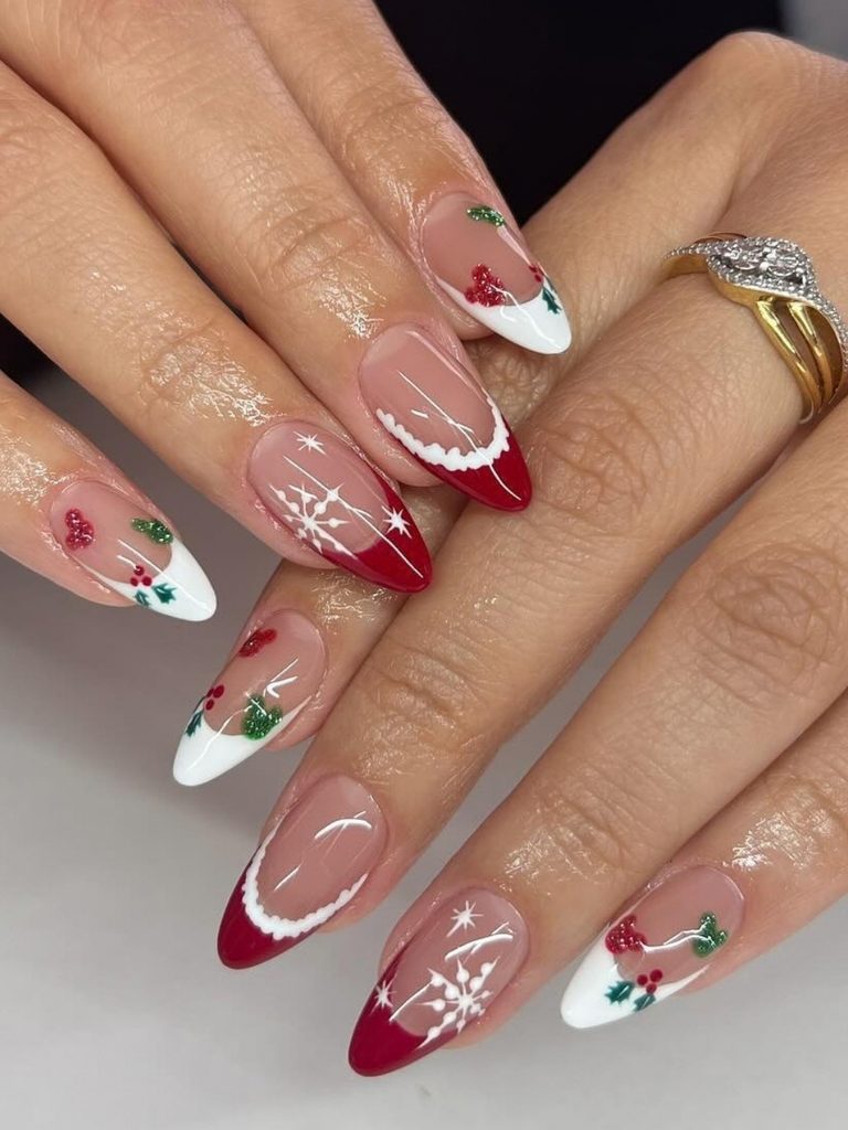 Red and white French tip Christmas nails with holly