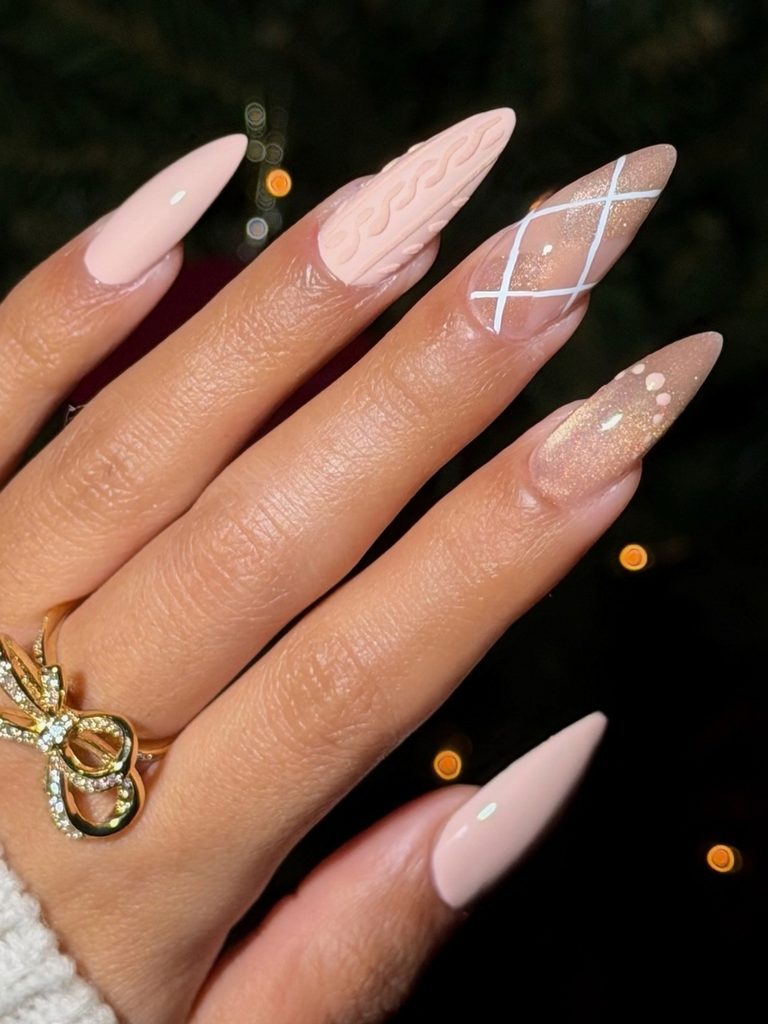 Cozy winter nails with cable knit and white lattice