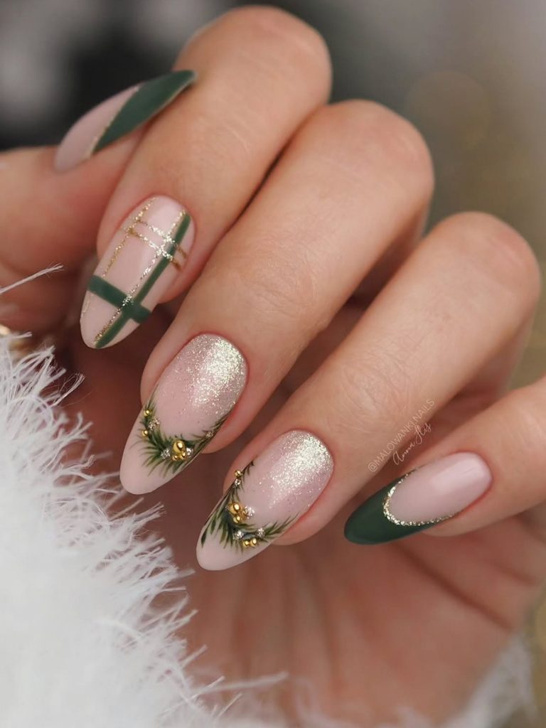 Green plaid and pine branch winter nail art