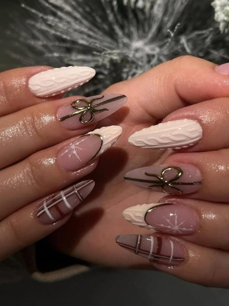 Winter nail designs with cream knit, plaid and bows
