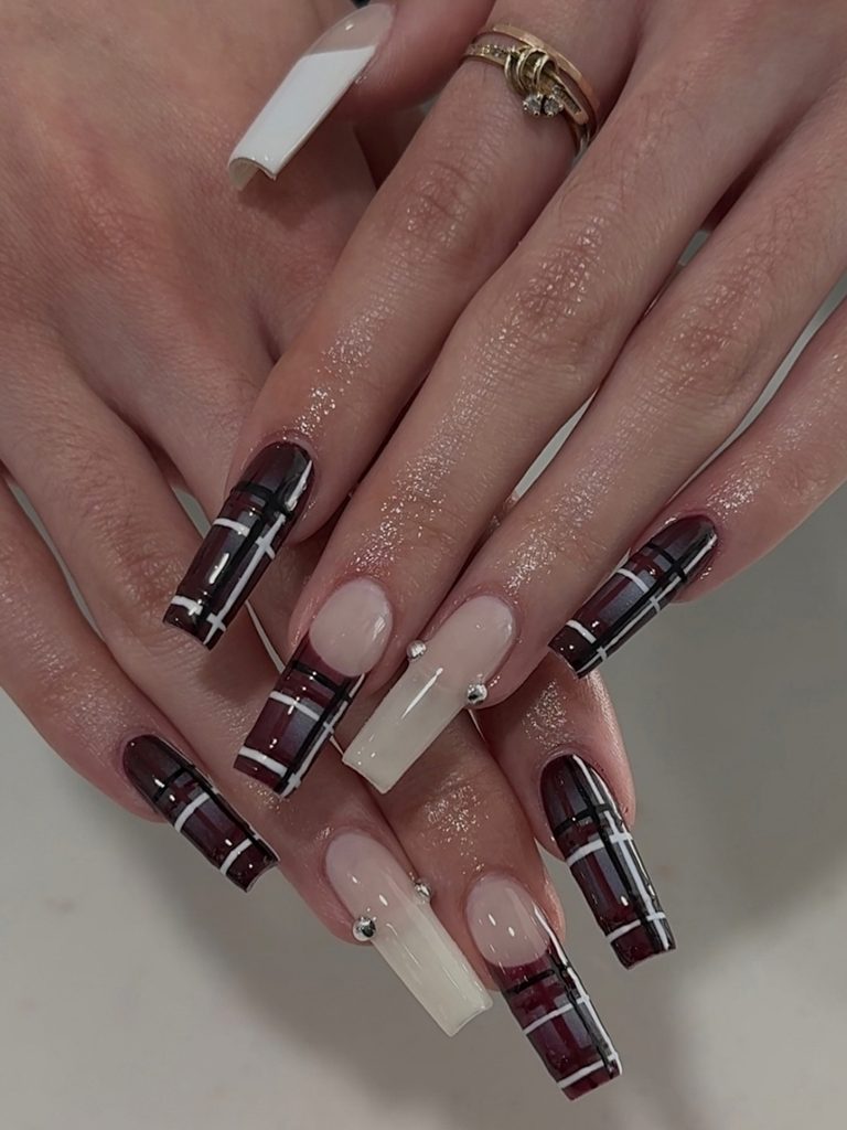Burgundy plaid winter nail ideas on long coffin nails