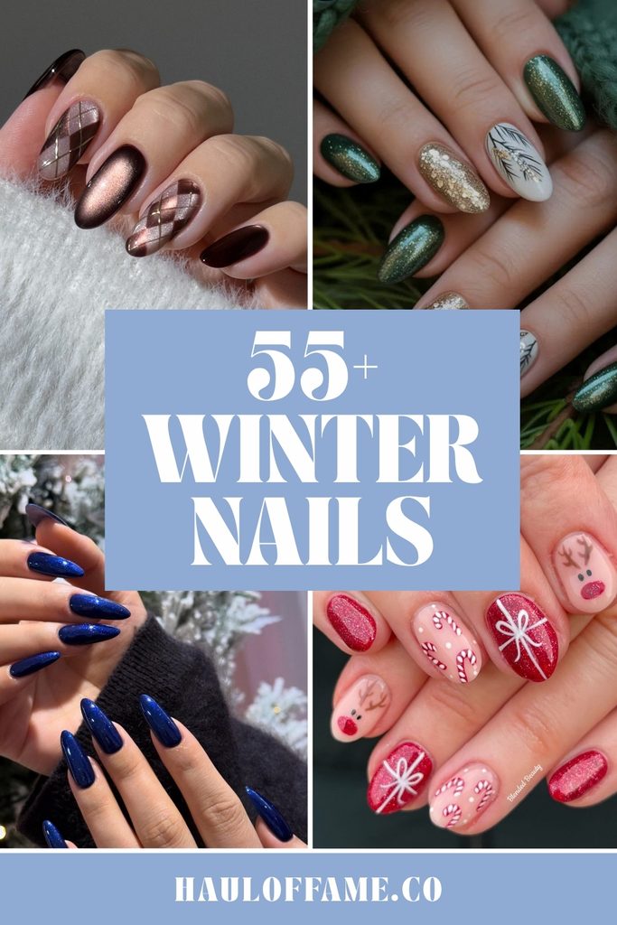Pinterest pin for 55+ winter nails, featuring chocolate argyle cat-eye, green glitter, navy and reindeer Christmas nail art