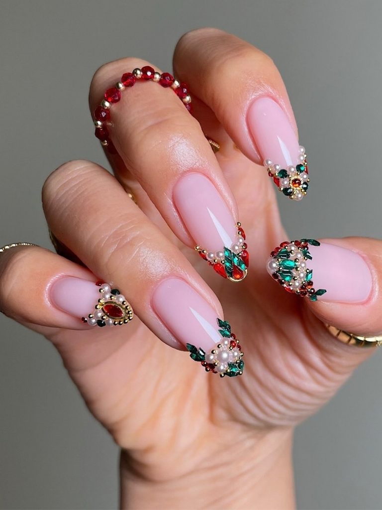 Jeweled holly tip nails with red and green rhinestones