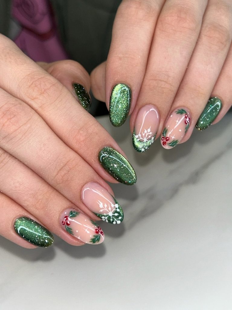 Holly berry holiday nails in shimmery green